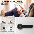 Someone sitting down holding a smart phone logged into the smart app. Graphics stating the auto-lock, unlock record, user management and smart notifications. The black Biometric Smart Fingerprint Door Lock