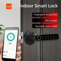 The black Biometric Smart Fingerprint Door Lock installed on a door. a hand holding a smart phone logged into the smart app