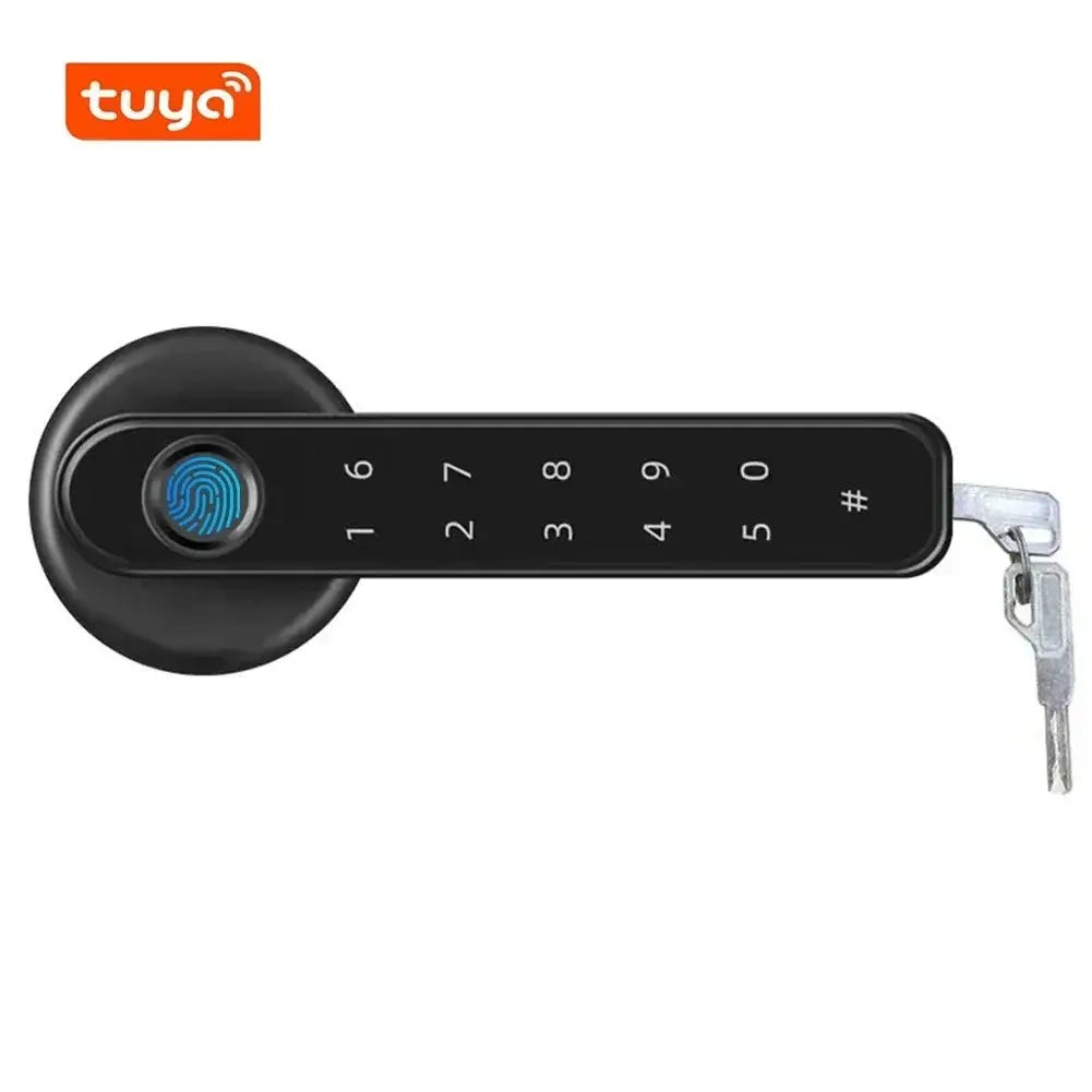 The black Biometric Smart Fingerprint Door Lock with keys and smart app integration.