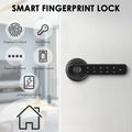 Graphics stating, fingerprint unlock-able, key unlock-able, password unlock-able, smart app unlockable and emergency power. The black Biometric Smart Fingerprint Door Lock 