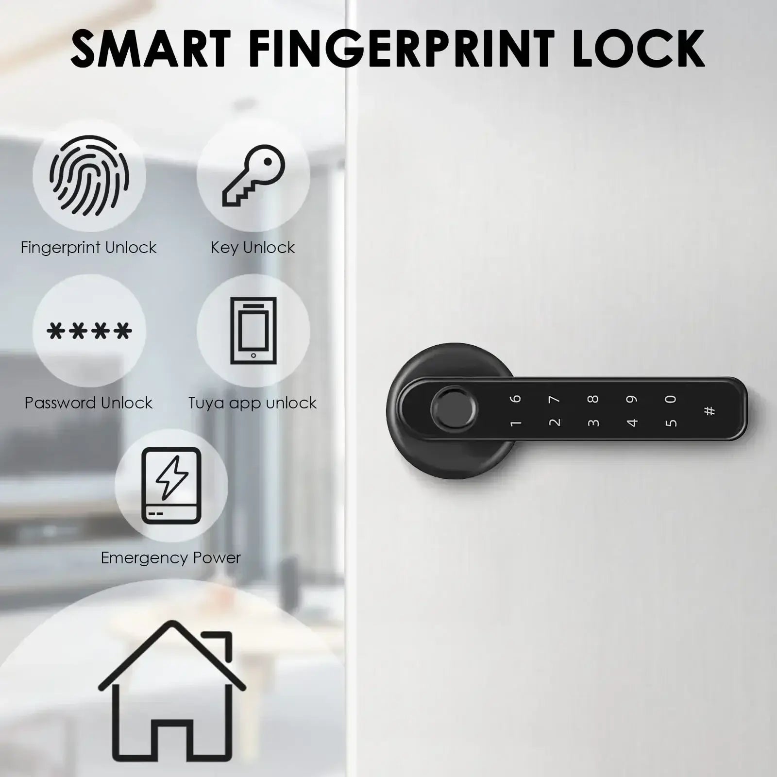 Graphics stating, fingerprint unlock-able, key unlock-able, password unlock-able, smart app unlockable and emergency power. The black Biometric Smart Fingerprint Door Lock 