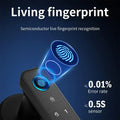 A graphic emphasising the touch print on the black Biometric Smart Fingerprint Door Lock. Text stating the 0.01% error rate and the 0.5s sensor.