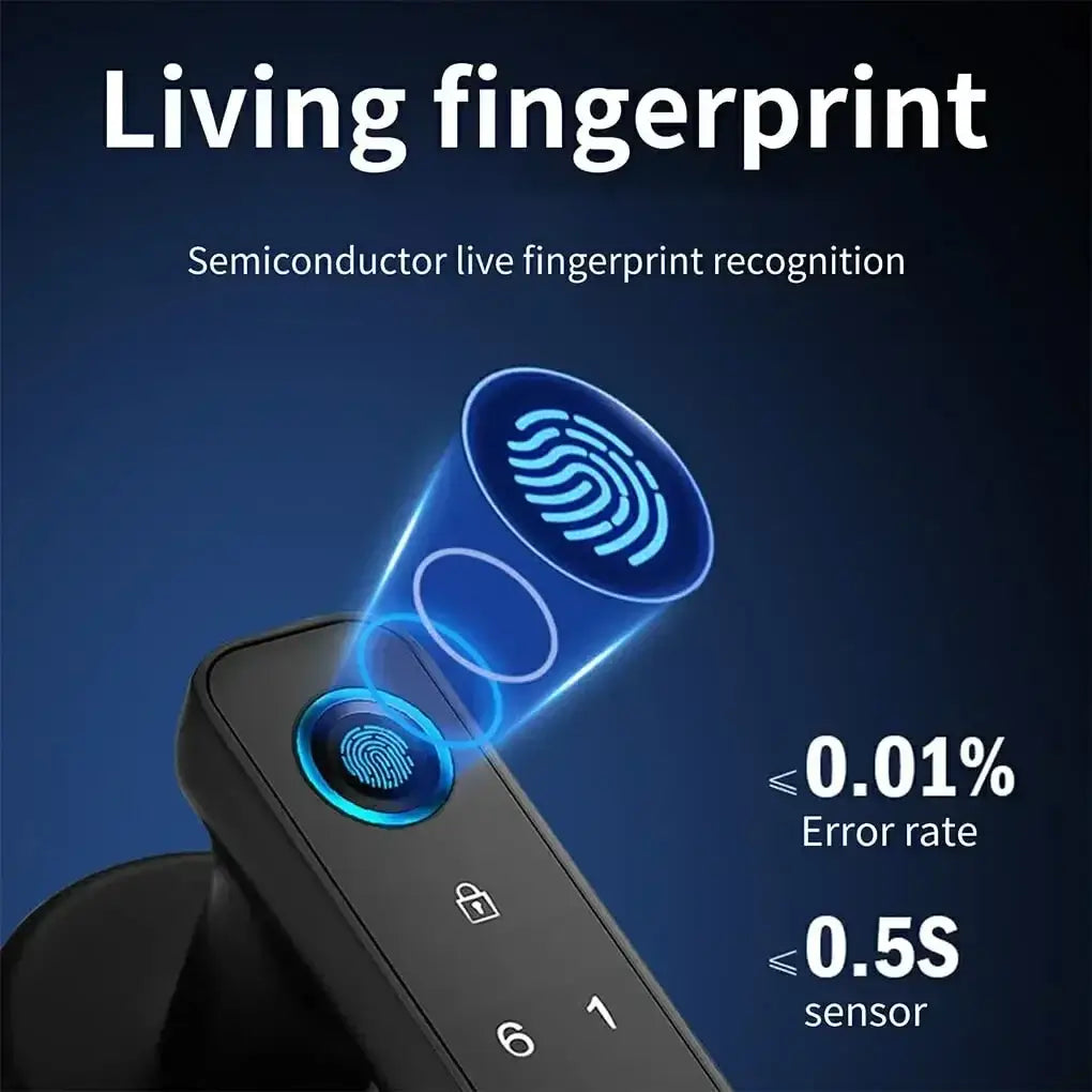 A graphic emphasising the touch print on the black Biometric Smart Fingerprint Door Lock. Text stating the 0.01% error rate and the 0.5s sensor.