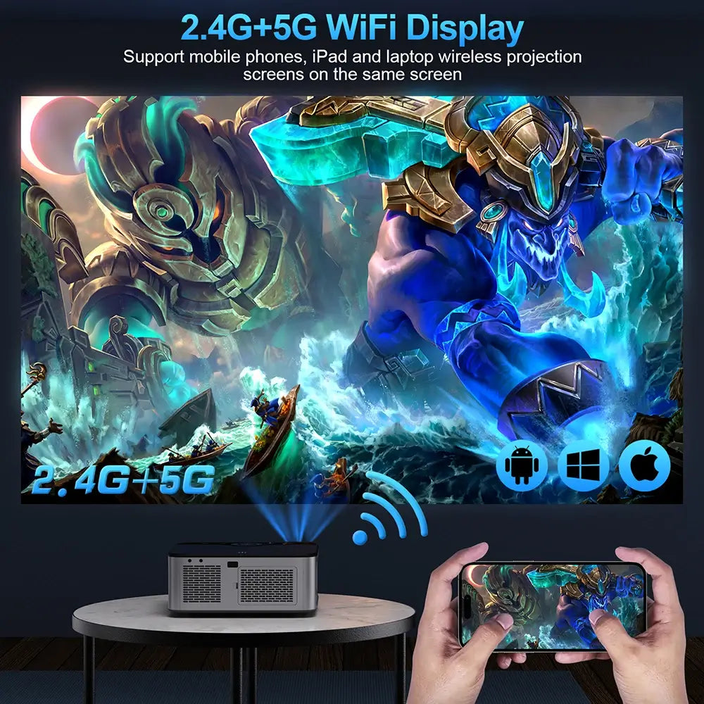 The full HD 1080P mini projector displaying a graphic on a wall being controller by someone using a smartphone.