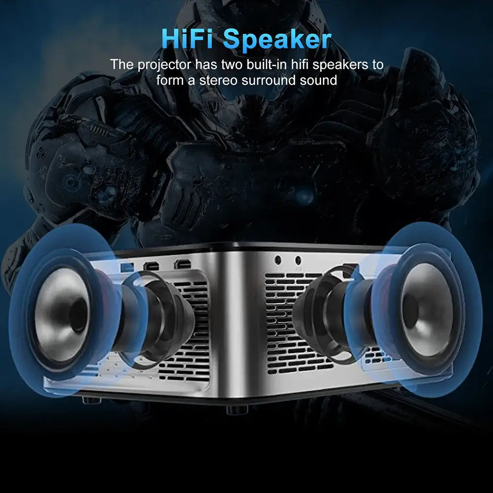 The full HD 1080P mini projector and its Inbuilt HIFI speakers.