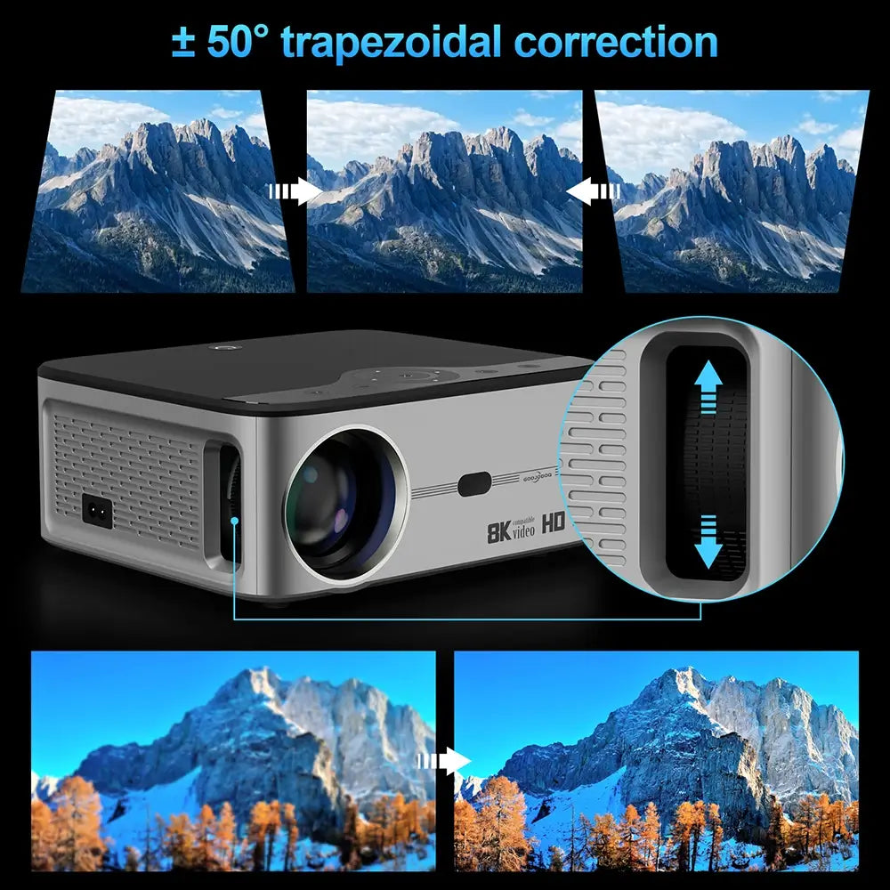 The full HD 1080P mini projector and a zoom in graphic of its 50 degree trapezoidal correction dial.