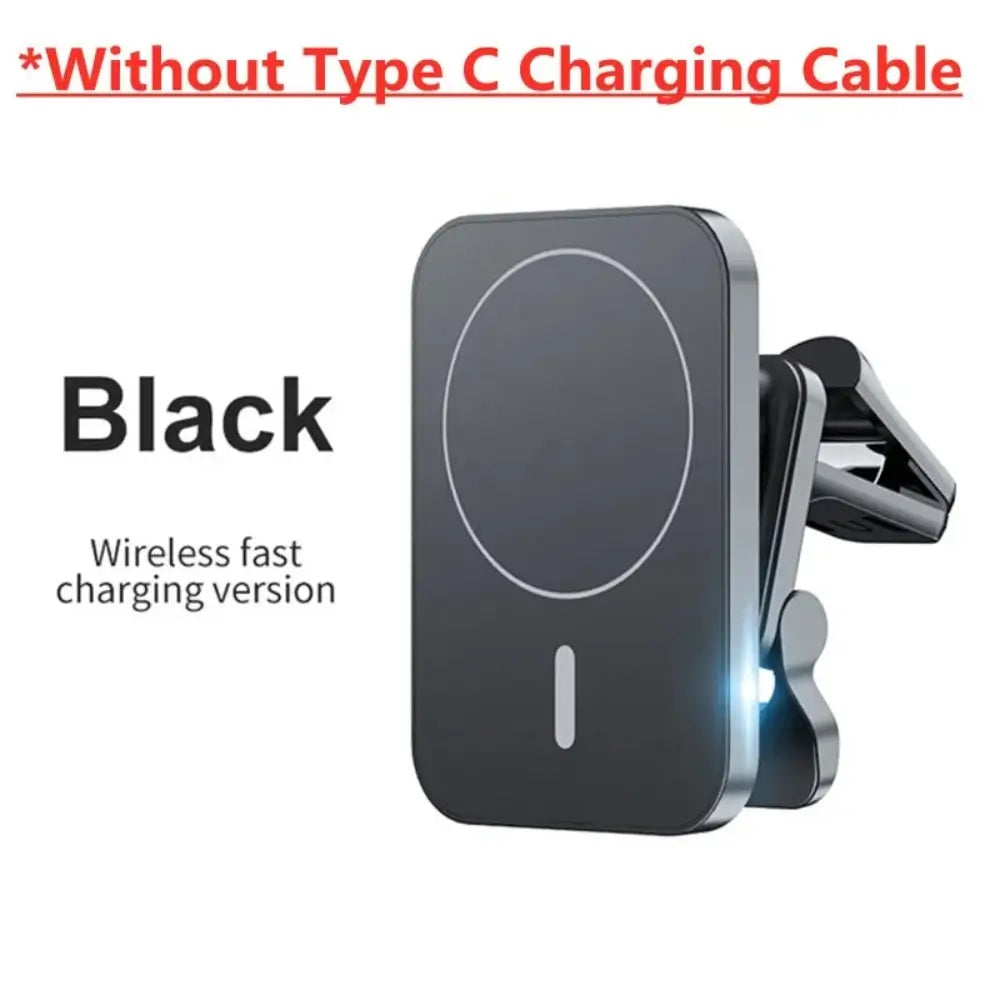 The magnetic car wireless charger in black without a type c charging cable.