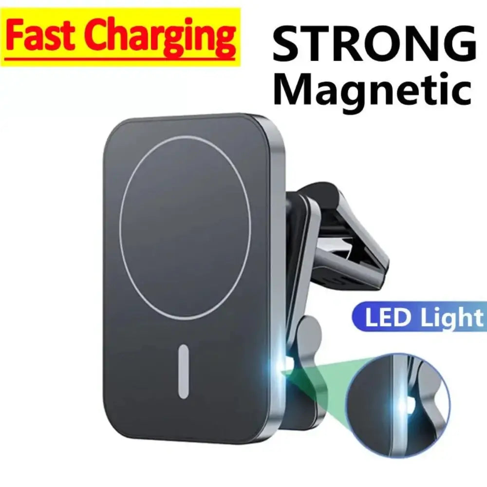 The magnetic car wireless charger in black, fast charging and with an LED indicator light.