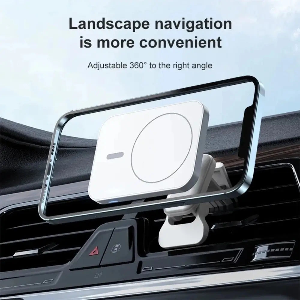 The magnetic car wireless charger mounted on the dash horizontally for a landscape view. Mount is 360 degree adjustable.