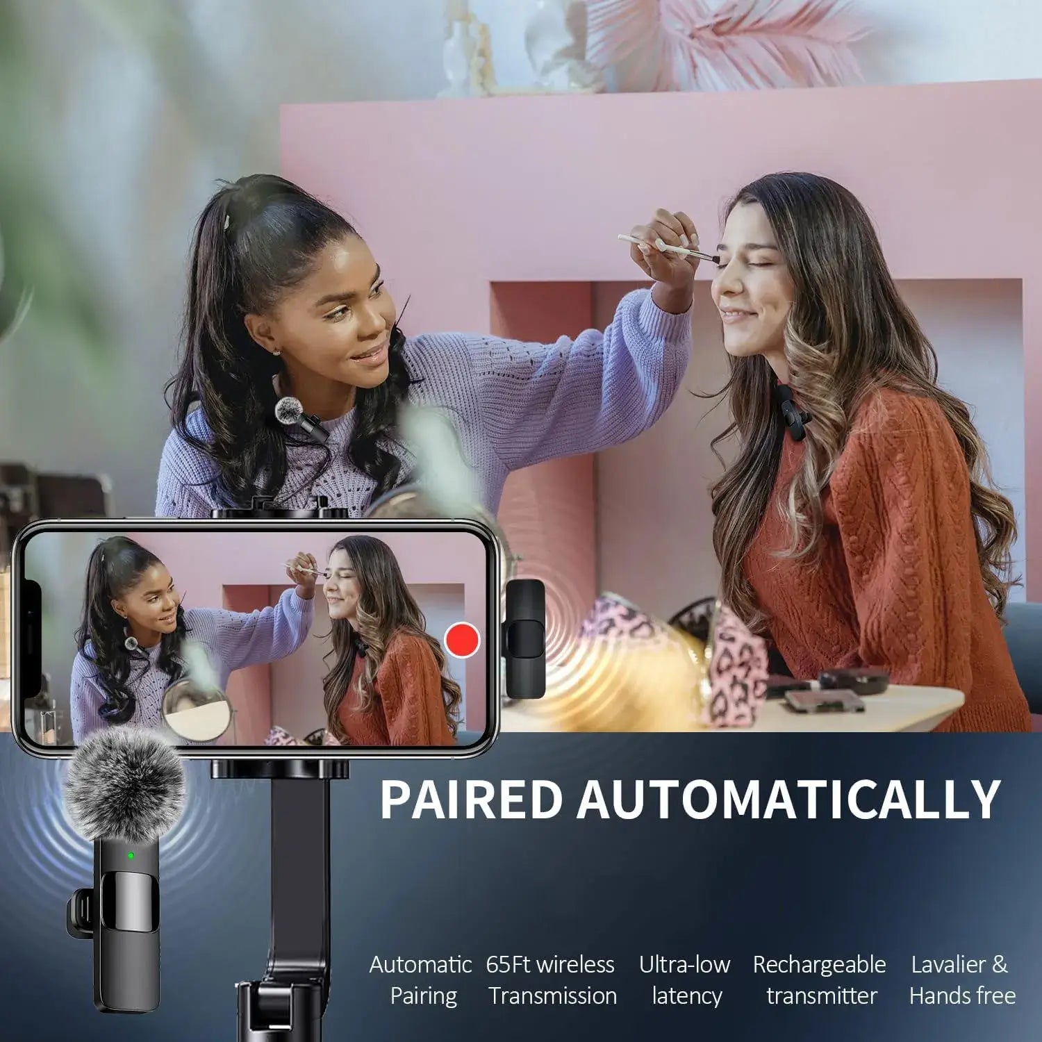 A women putting makeup on another women's face ready to make a recording. A graphic of the dual mini mobile phone microphone and a smart phone having automatically connected.