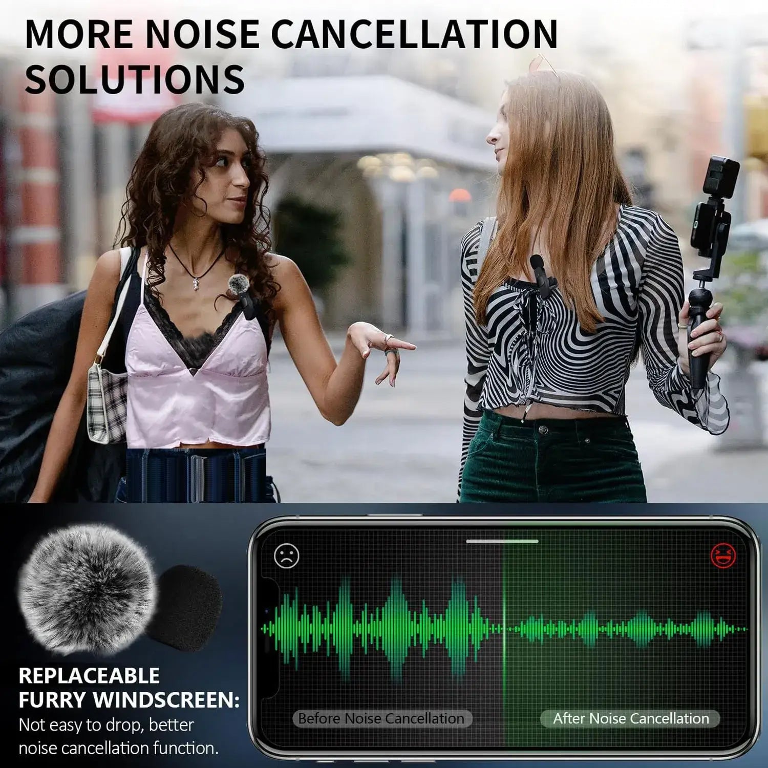 A graphic of two women using the dual mini mobile phone microphone and a graphic of a smart phone showing the wave length of the recording before noise cancellation and after noise cancellation.