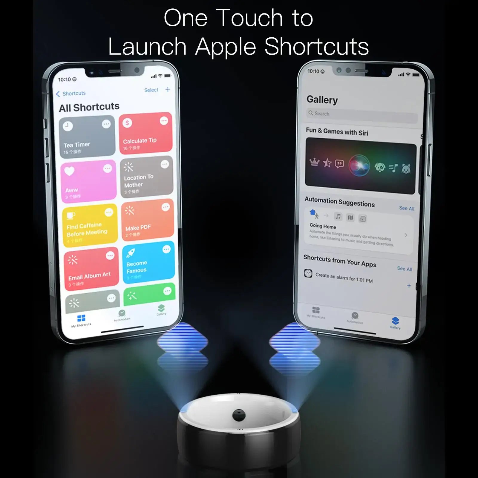 The multifuntional smart ring wearable and two graphics of smart phones showing the one touch functionality to launch the app shortcuts.