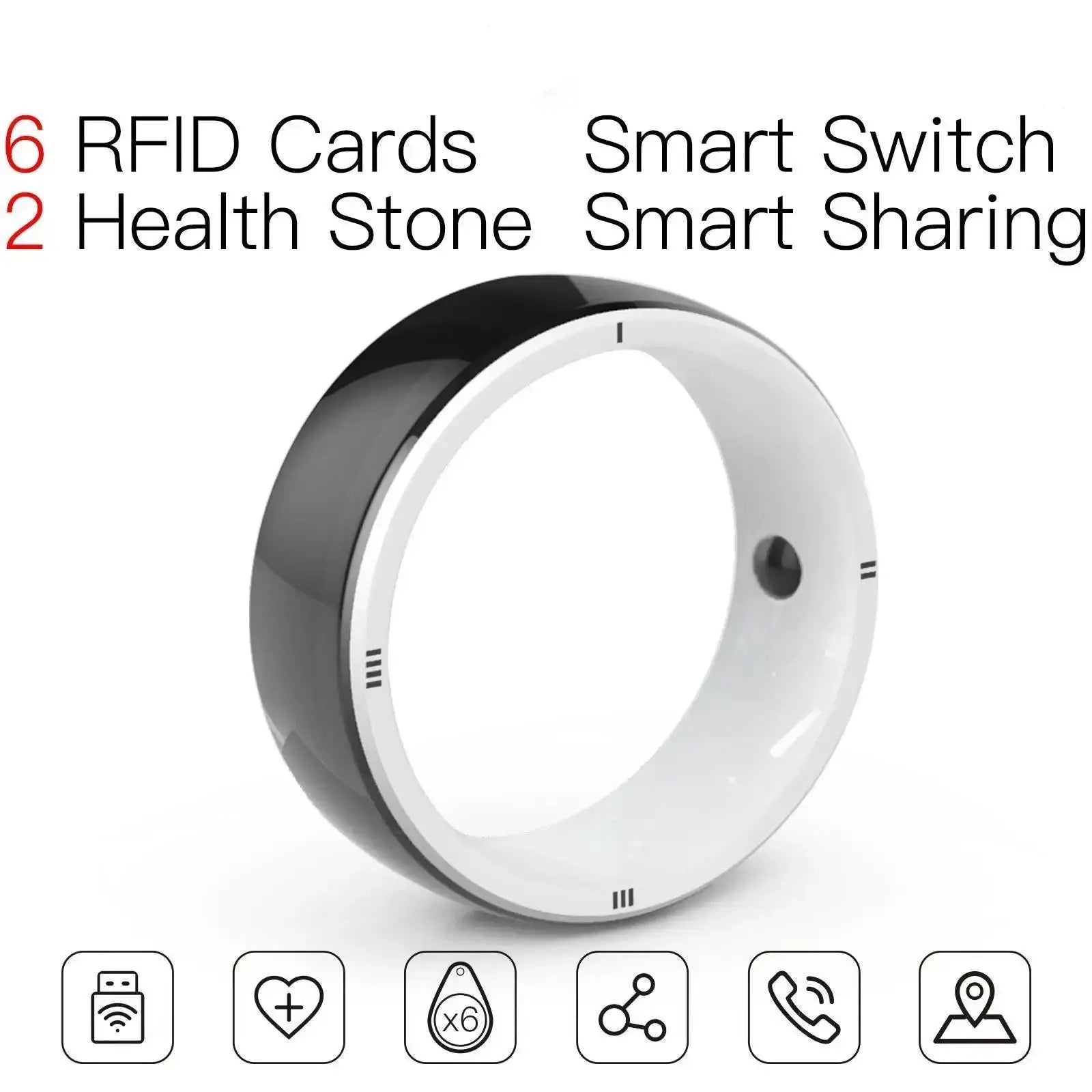 A graphic showing the multifuntional smart ring wearables 6 RFID cards and 2 health stone smart switching and sharing.