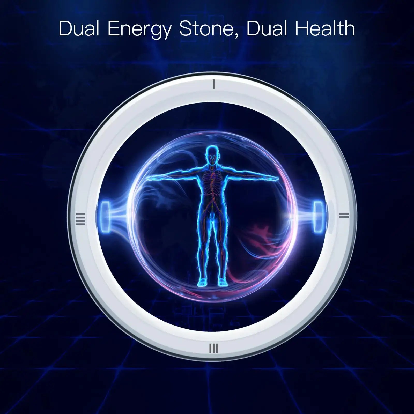 A graphic of the the multifuntional smart ring wearable and an energy human in the middle, showing its dual energy and health.