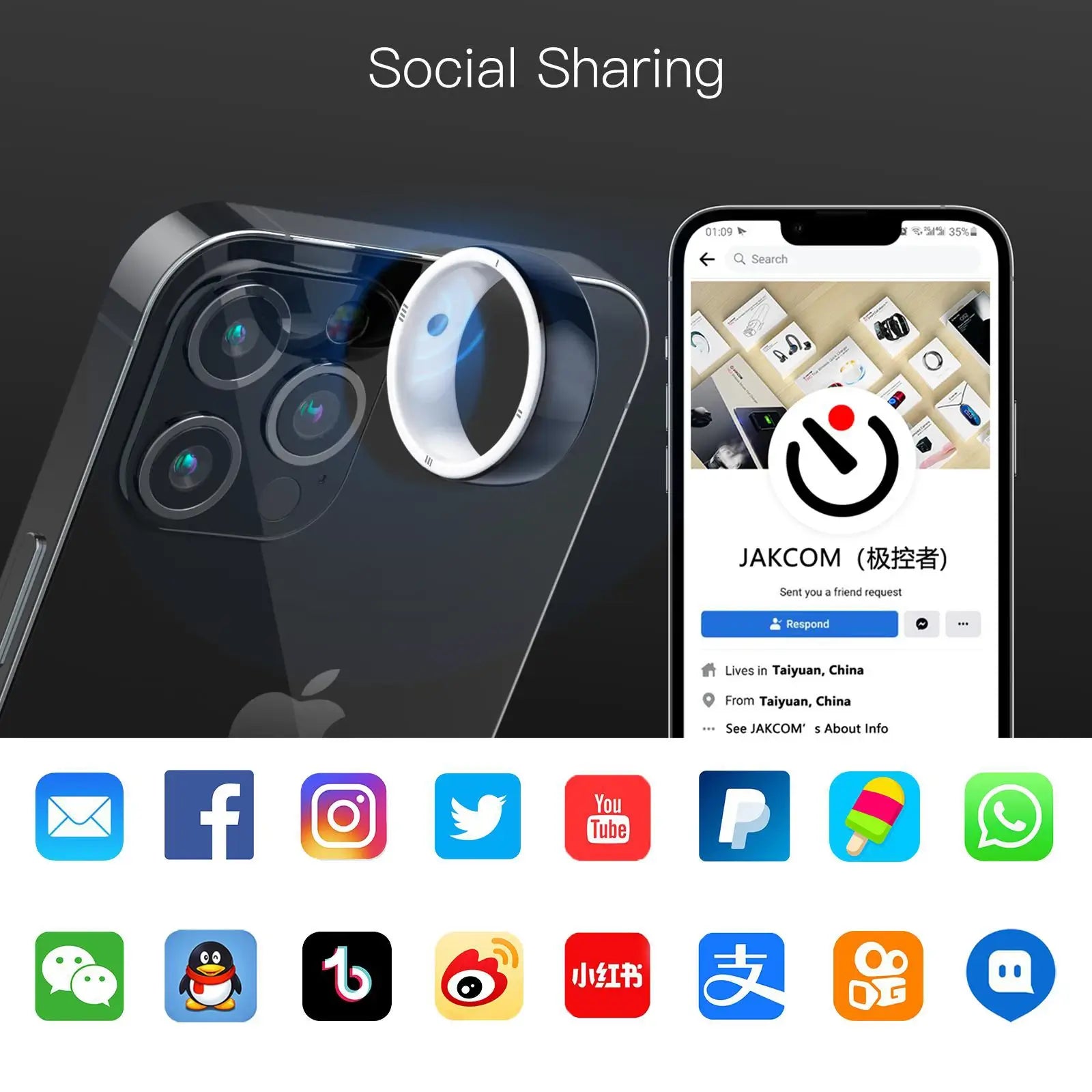 Graphics of two smart phones and different social icons showing the social sharing connectivity and capabilities of the multifuntional smart ring wearable.