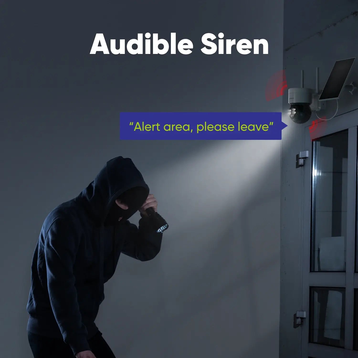 The outdoor solar light security camera detecting someone sneaking around with a balaclava on and utilising its audible siren.